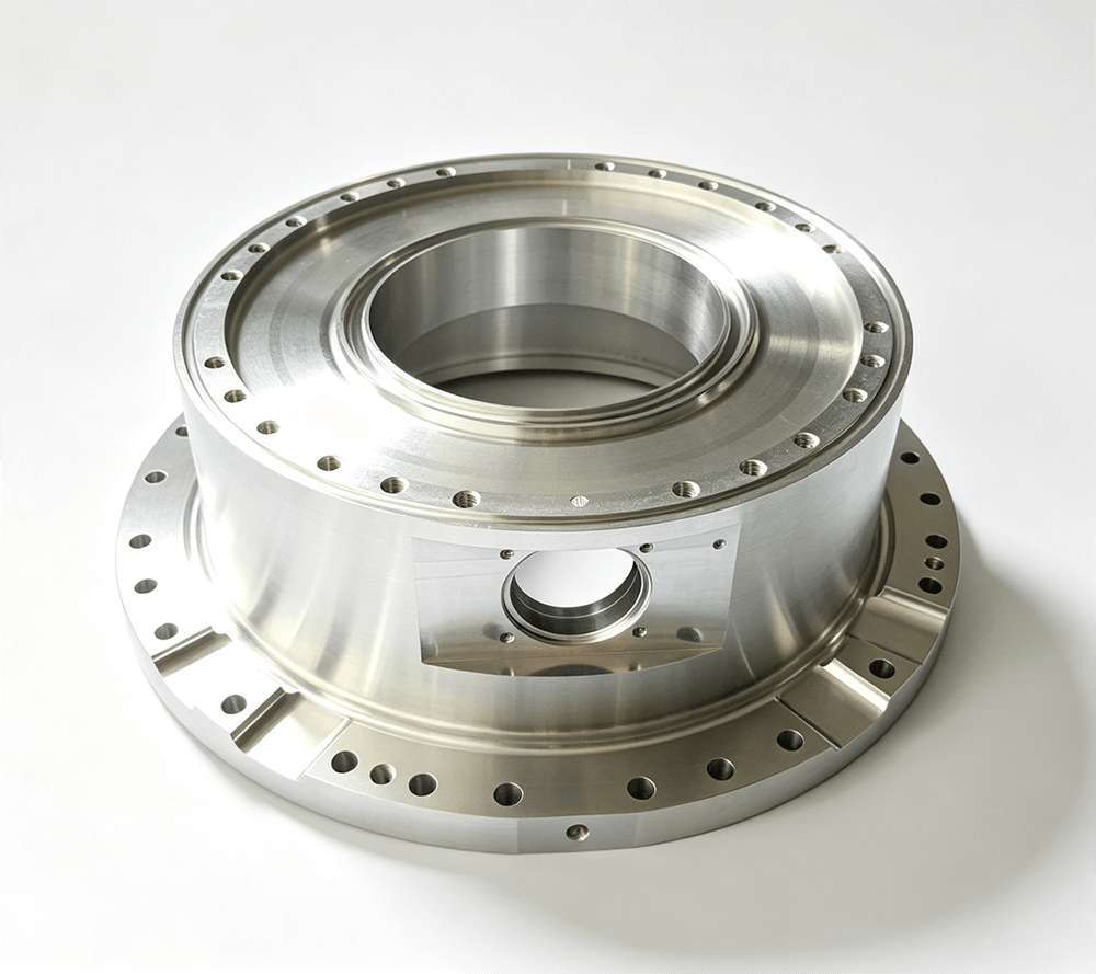 A precision machined aluminum flange with a bolt pattern, stepped bore, and machined side window